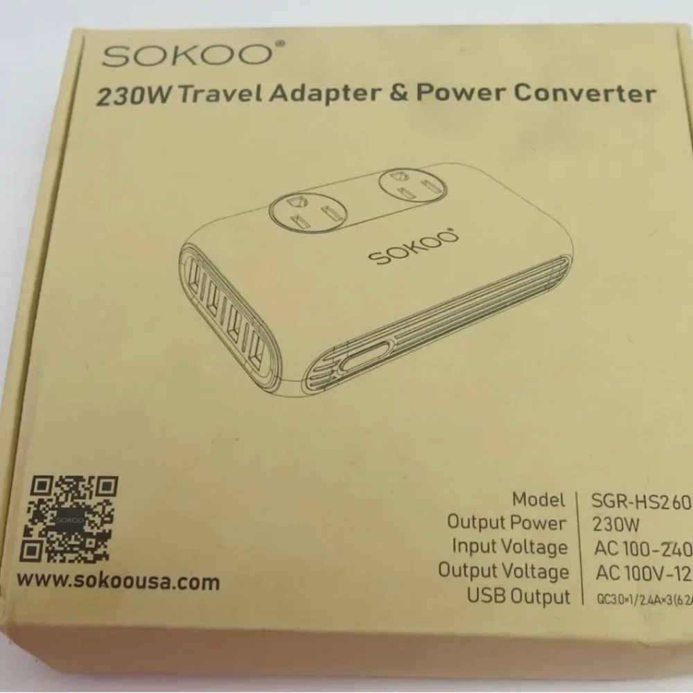 New unopened box Sokoo 230 W Travel Adapter & Power Converter Model; SGR-HS260